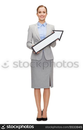 business and education concept - smiling businesswoman with direction arrow sign