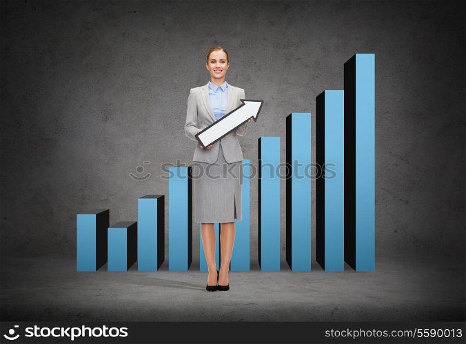 business and education concept - smiling businesswoman with direction arrow sign and growing chart on the back