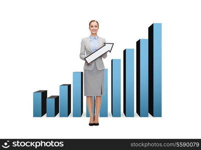 business and education concept - smiling businesswoman with direction arrow sign and growing chart on the back