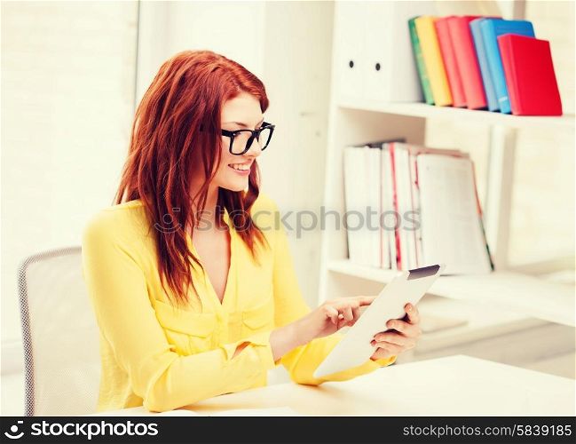 business and education concept - smiling student girl with tablet pc