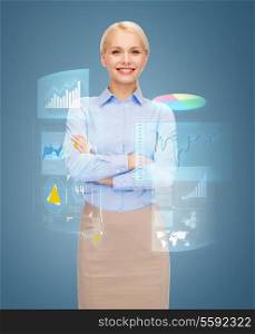 business and education concept - smiling young businesswoman with crossed arms surrounded by graphs. Successful growth and development.