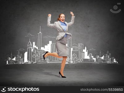 business and education concept - young happy woman jumping with hands up