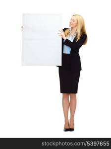 business and education - smiling businesswoman with white blank board