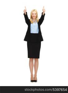 business and education - young businesswoman with thumbs up