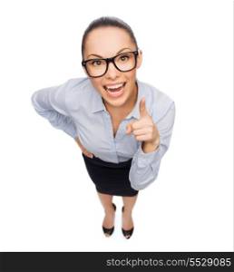 business and emotion concept - smiling businesswoman with finger up