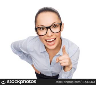 business and emotion concept - smiling businesswoman with finger up