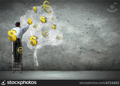 Business and finance. Businessman on ladder pointing at illustrated money tree