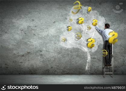 Business and finance. Businessman on ladder pointing at illustrated money tree