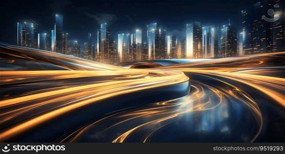 Business and Finance in a Night City  Blue and Gold Light Waves Flowing Down a Narrow Street. Generative ai. High quality illustration. Business and Finance in a Night City  Blue and Gold Light Waves Flowing Down a Narrow Street. Generative ai
