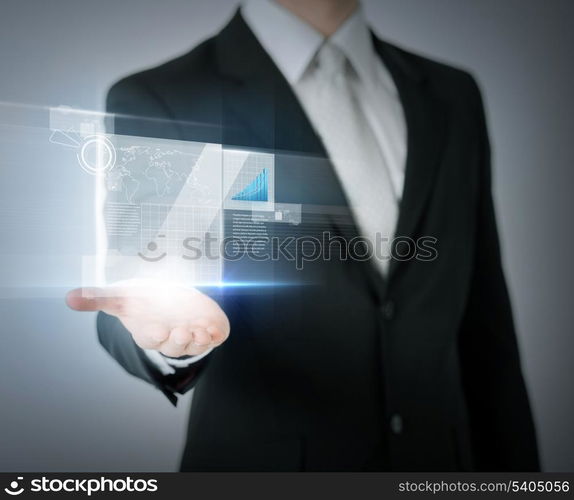 business and finances - businessman hand showing raising chart on virtual screen