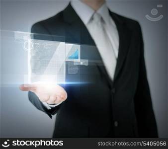business and finances - businessman hand showing raising chart on virtual screen