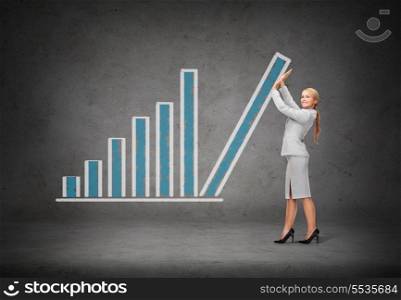 business and finances concept - friendly young smiling businesswoman pushing up chart bar