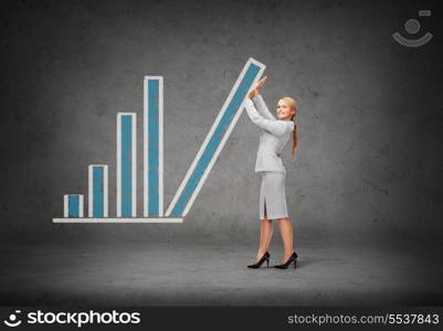 business and finances concept - friendly young smiling businesswoman pushing up chart bar