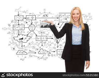 business and finances concept - smiling woman showing big plan on her hand