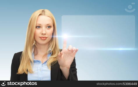 business and future technology - attractive businesswoman touching virtual screen