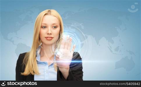 business and future technology - attractive businesswoman touching virtual screen