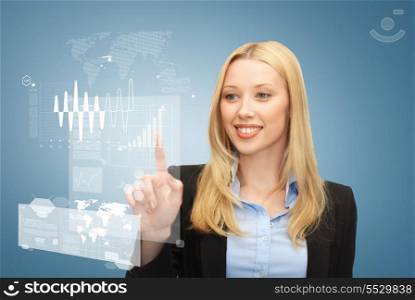 business and future technology concept - beautiful young businesswoman working with virtual screen
