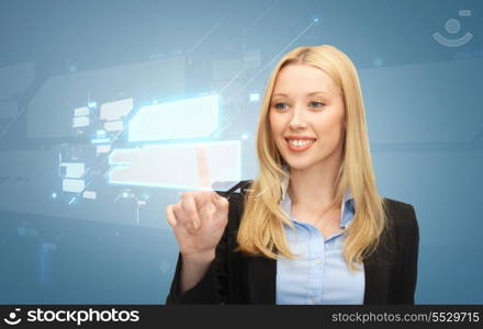 business and future technology concept - beautiful young businesswoman working with virtual screens