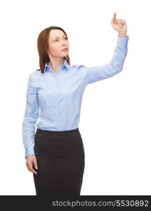 business and future technology concept - calm businesswoman working with virtual screen