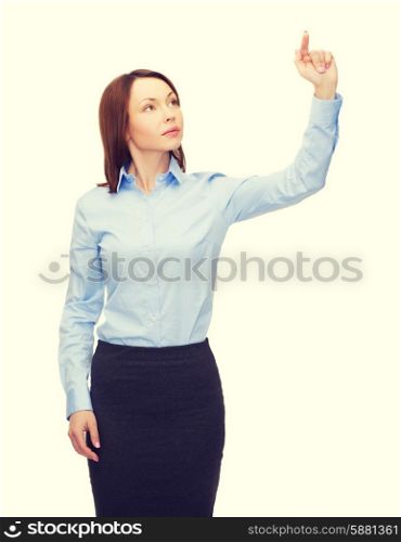 business and future technology concept - calm businesswoman working with virtual screen