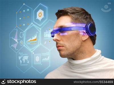 business and future technology concept - handsome man with futuristic glasses