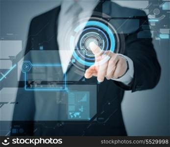 business and future technology concept - man hand pointing at virtual screen