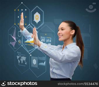 business and future technology concept - smiling businesswoman vortking with virtual screen