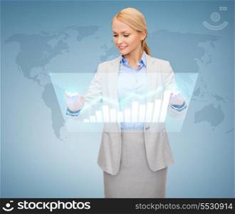 business and future technology concept - smiling businesswoman working with chart on virtual screen