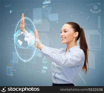 business and future technology concept - smiling businesswoman working with virtual screen