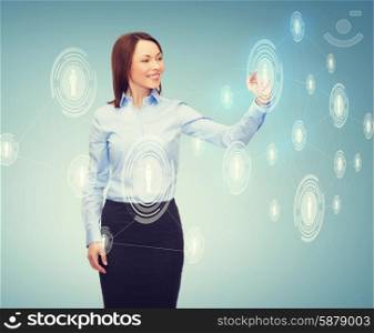 business and future technology concept - young businesswoman working with virtual screen