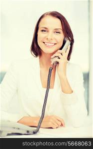 business and helpline concept - businesswoman with rotary phone calling