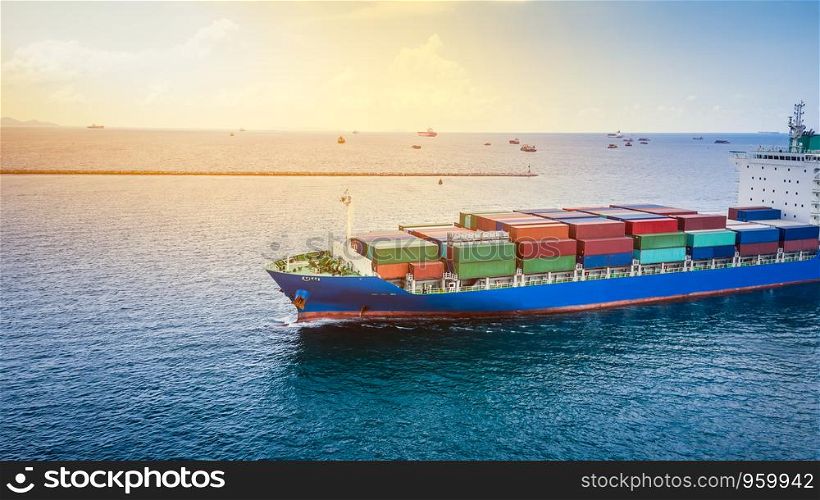 business and industry shipping and service delivery cargo containers open sea international asia pacific frome Thailand the sunset background aerial view