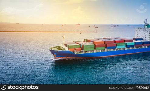 business and industry shipping and service delivery cargo containers open sea international asia pacific frome Thailand the sunset background aerial view
