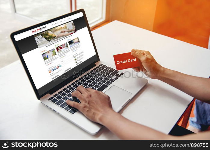 business and modern lifestyle concept. young beautiful woman shopping online and will use her credit card for payment.