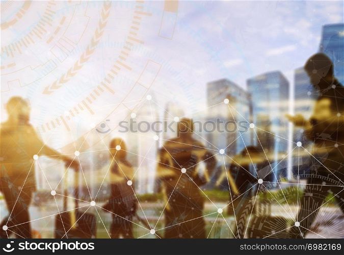Business and modern technology concept. Double exposure of silhouetted people in city with wireless connection icons. Global communication.