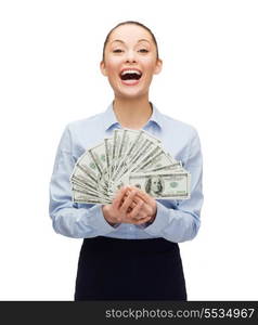 business and money concept - laughing businesswoman with dollar cash money