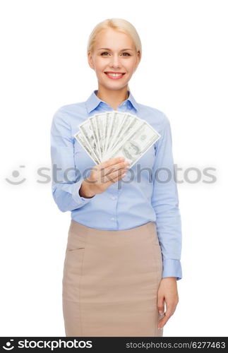 business and money concept - smiling businesswoman with dollar cash money