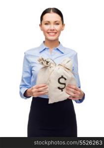 business and money concept - young businesswoman holding money bags with dollar