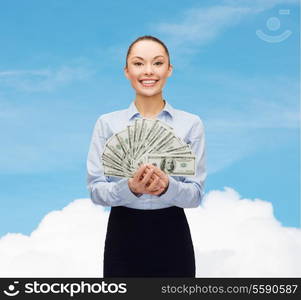 business and money concept - young businesswoman with dollar cash money