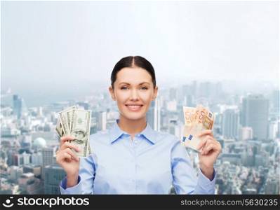 business and money concept - young businesswoman with dollar cash money over cityscape background