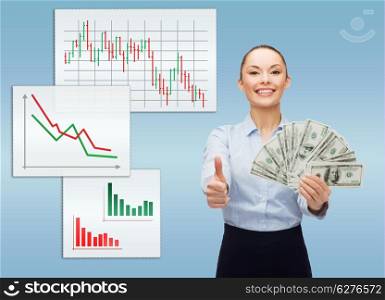 business and money concept - young businesswoman with dollar cash money showing thumbs up