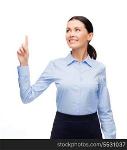 business and new technology concept - attractive young woman with her finger up
