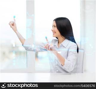 business and new technology concept - smiling woman pressing buttons on virtual screen