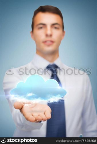 business and office, advertising, people concept - friendly young buisnessman showing cloud on the palm of his hand