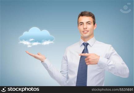 business and office, advertising, people concept - friendly young buisnessman showing something on the palm of his hand
