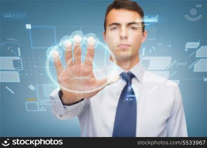business and office, ban, veto, warning concept - attractive buisnessman working with virtual screen