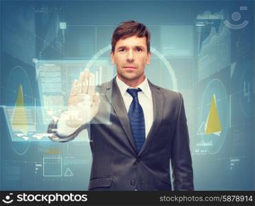 business and office, ban, veto, warning concept - attractive buisnessman working with virtual screen