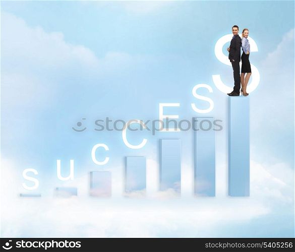 business and office - businessman and businesswoman on the top of chart with success word