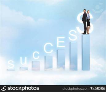business and office - businessman and businesswoman on the top of chart with success word