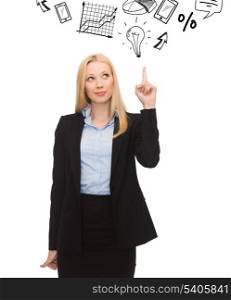 business and office concept - attractive young woman with her finger up